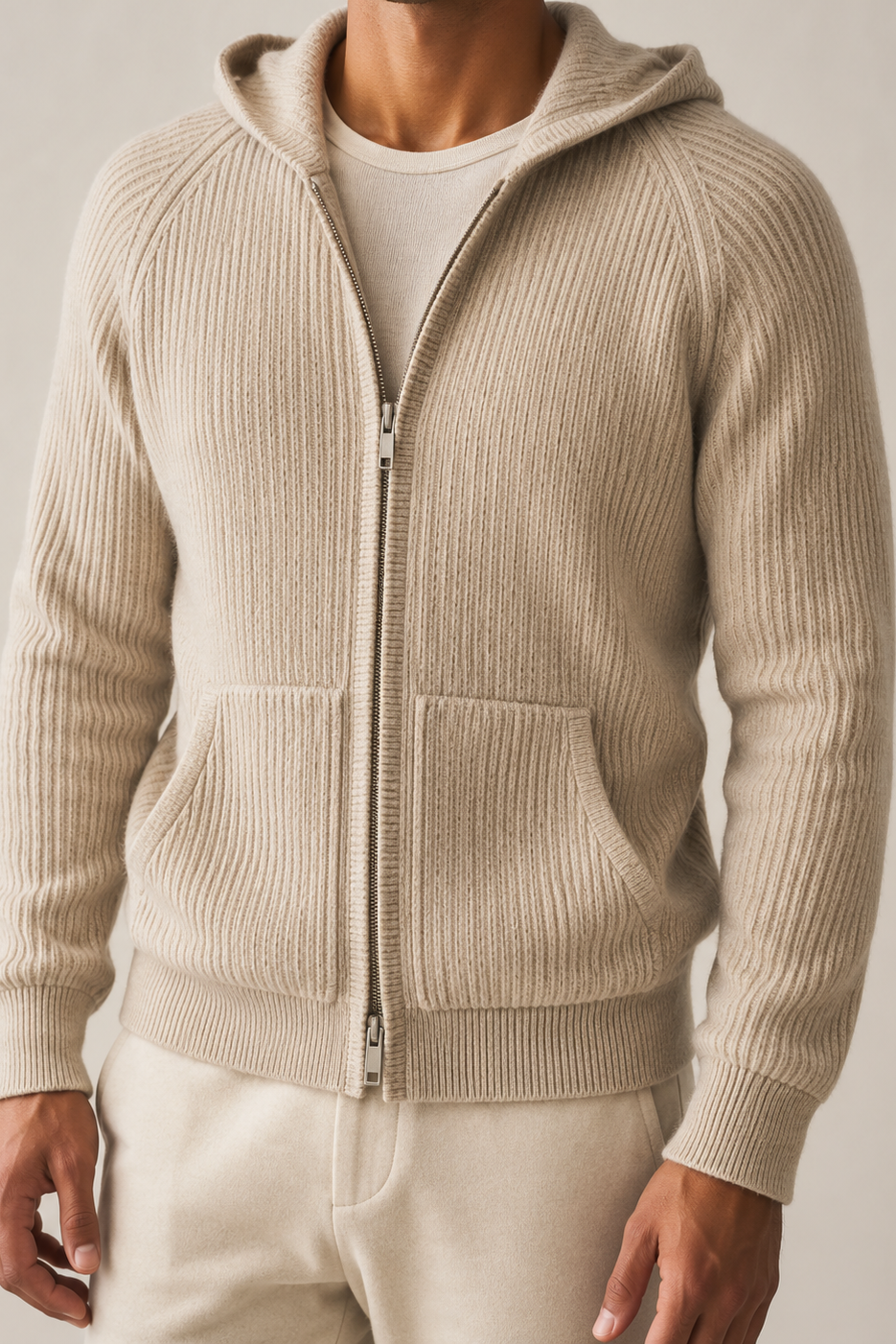 MILANO CASHMERE FULL ZIP CARDIGAN - BEIGE