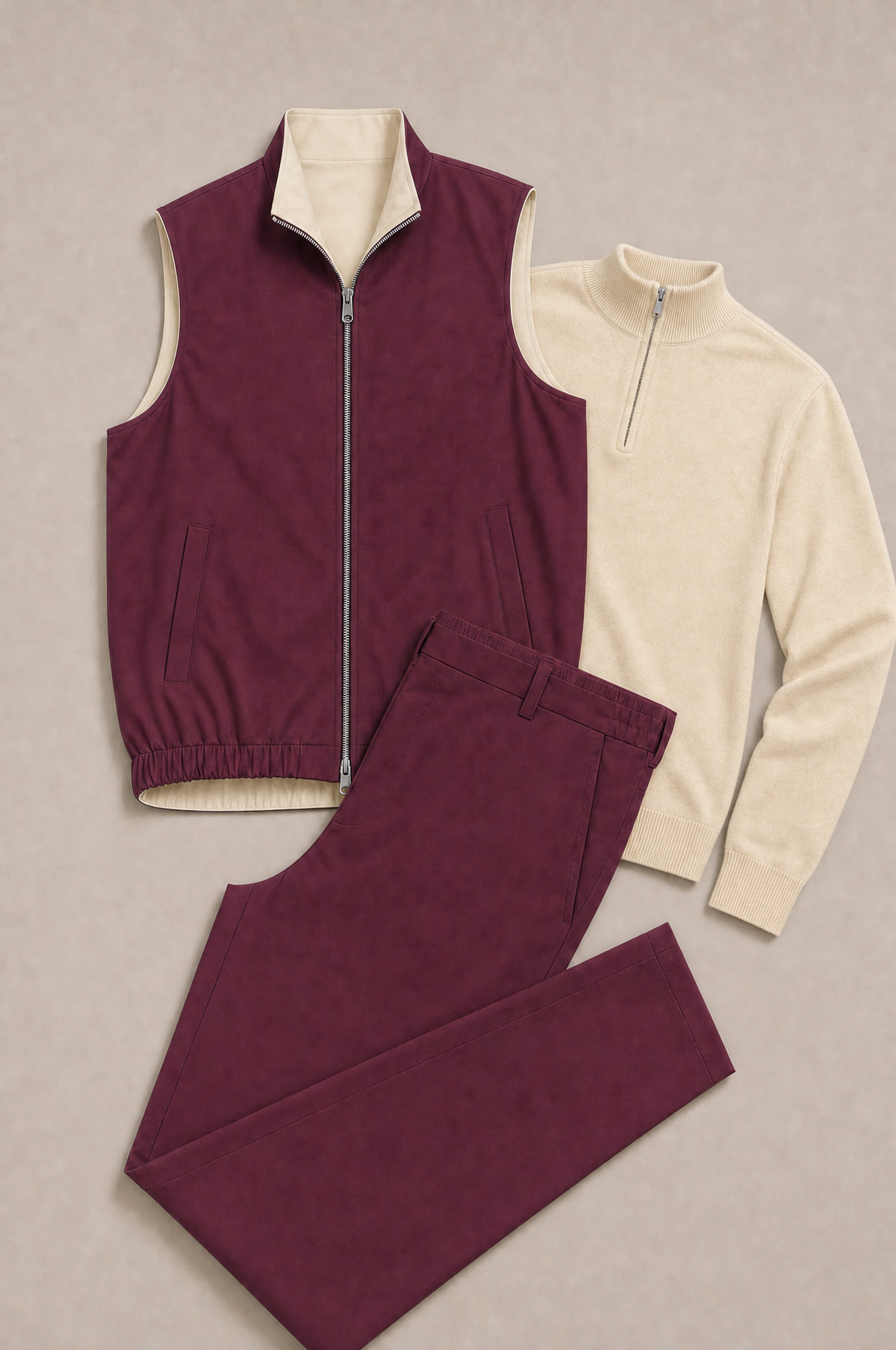 Milano Reverso Autumn Set Bordeaux & Crema Quarter Zip flatlay