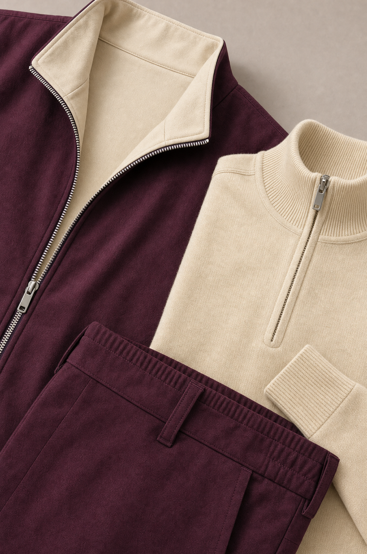 Milano Reverso Autumn Set Bordeaux & Crema Quarter Zip macro