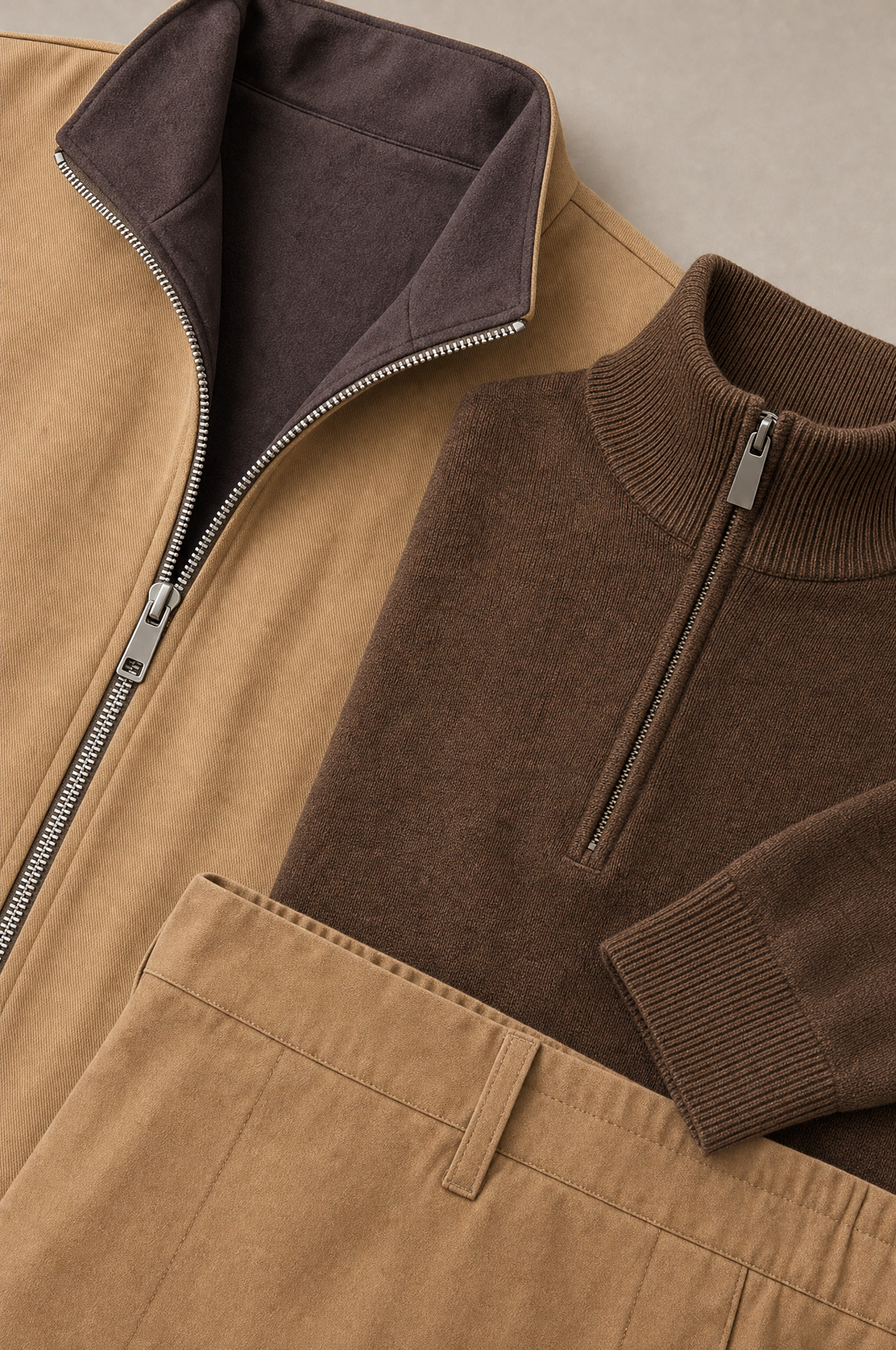 Milano Reverso Autumn Set Cammello & Marrone Quarter Zip macro