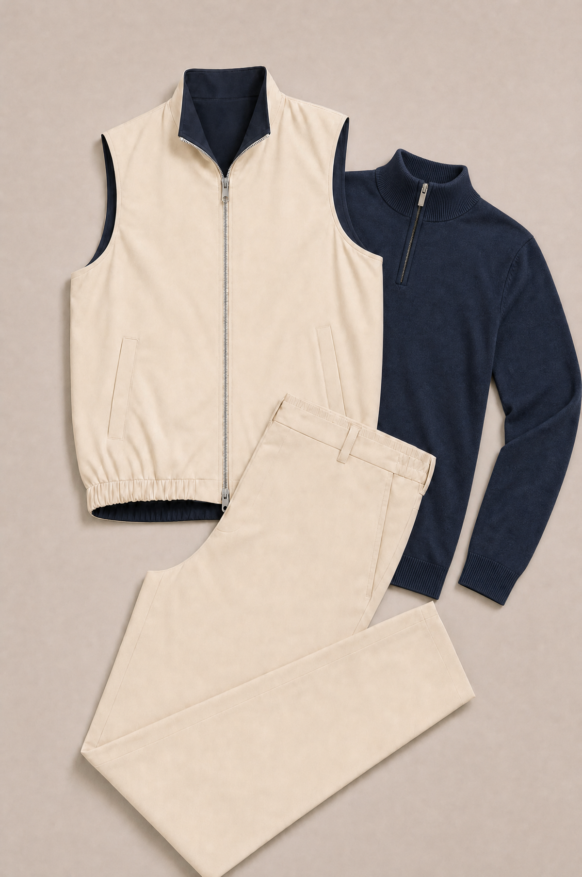 Milano Reverso Autumn Set Crema & Blu Quarter Zip flatlay