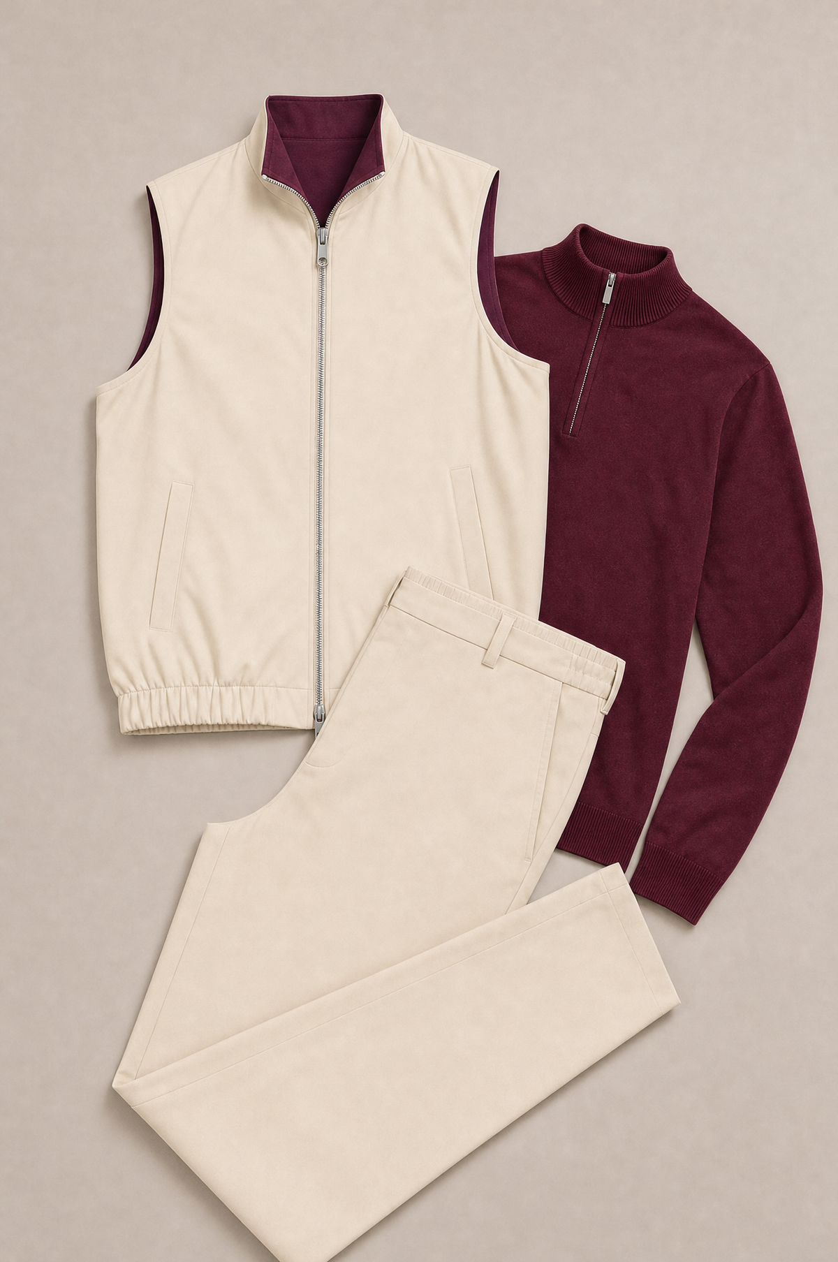 Milano Reverso Autumn Set Crema & Bordeaux Quarter Zip flatlay