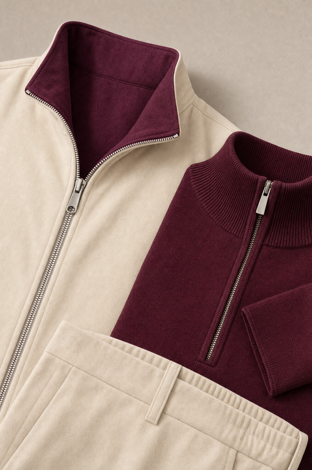 Milano Reverso Autumn Set Crema & Bordeaux Quarter Zip macro
