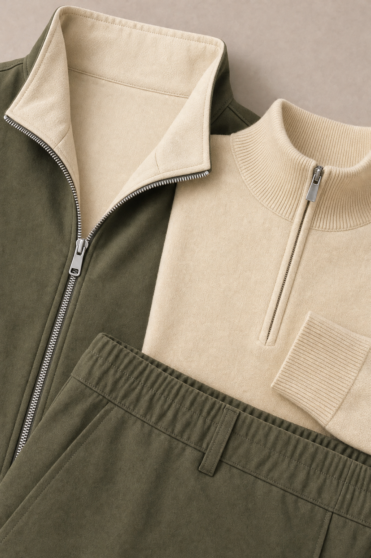 Milano Reverso Autumn Set Oliva & Crema Quarter Zip macro